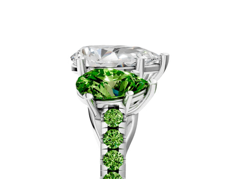 White gold Three-Stone Pear Cut Diamond Ring with Round with Peridot side stone Pavé Band and Prong Setting_5