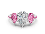 White gold Three-Stone Pear Cut Diamond Ring with Round with Pink Sapphire side stone Pavé Band and Prong Setting_12
