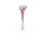 White gold Three-Stone Pear Cut Diamond Ring with Round with Pink Sapphire side stone Pavé Band and Prong Setting_14