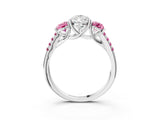 White gold Three-Stone Pear Cut Diamond Ring with Round with Pink Sapphire side stone Pavé Band and Prong Setting_15