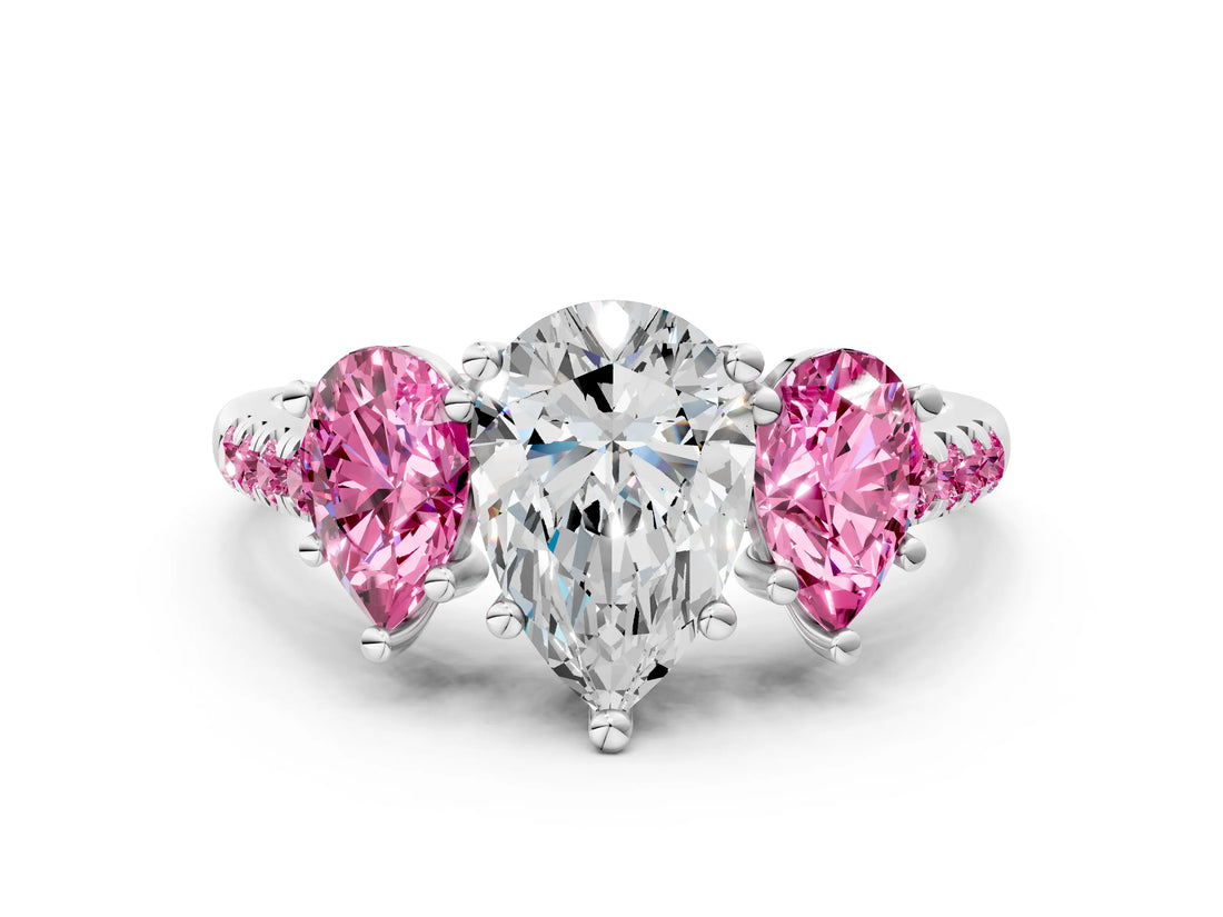 White gold Three-Stone Pear Cut Diamond Ring with Round with Pink Sapphire side stone Pavé Band and Prong Setting_18