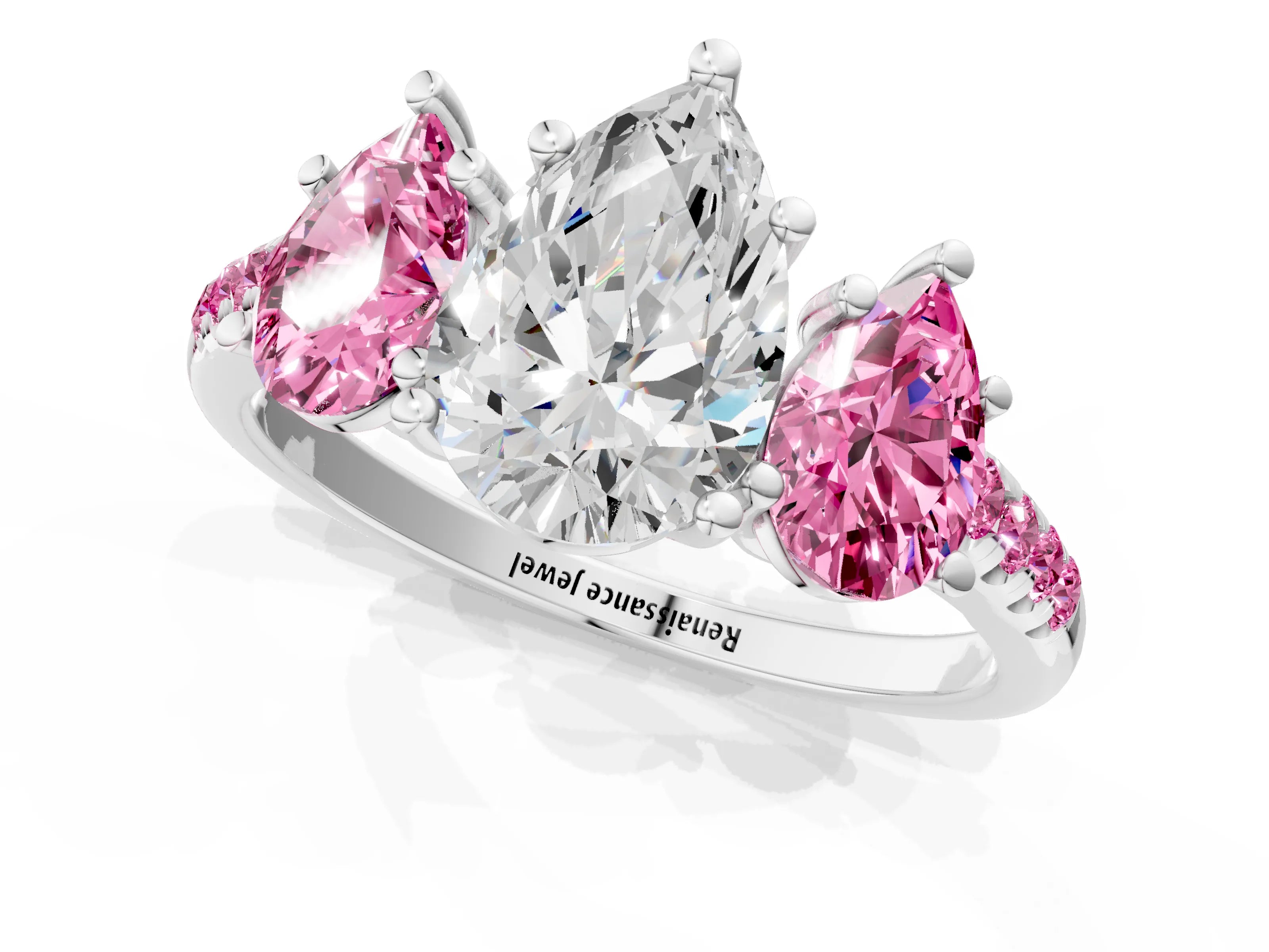 White gold Three-Stone Pear Cut Diamond Ring with Round with Pink Sapphire side stone Pavé Band and Prong Setting_1