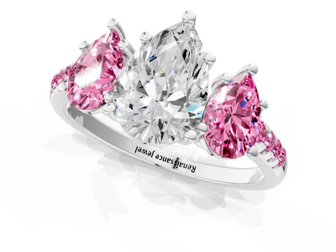 White gold Three-Stone Pear Cut Diamond Ring with Round with Pink Sapphire side stone Pavé Band and Prong Setting_1
