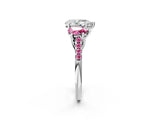 White gold Three-Stone Pear Cut Diamond Ring with Round with Pink Sapphire side stone Pavé Band and Prong Setting_2
