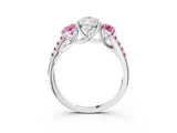 White gold Three-Stone Pear Cut Diamond Ring with Round with Pink Sapphire side stone Pavé Band and Prong Setting_21