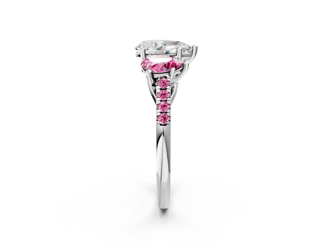White gold Three-Stone Pear Cut Diamond Ring with Round with Pink Sapphire side stone Pavé Band and Prong Setting_2