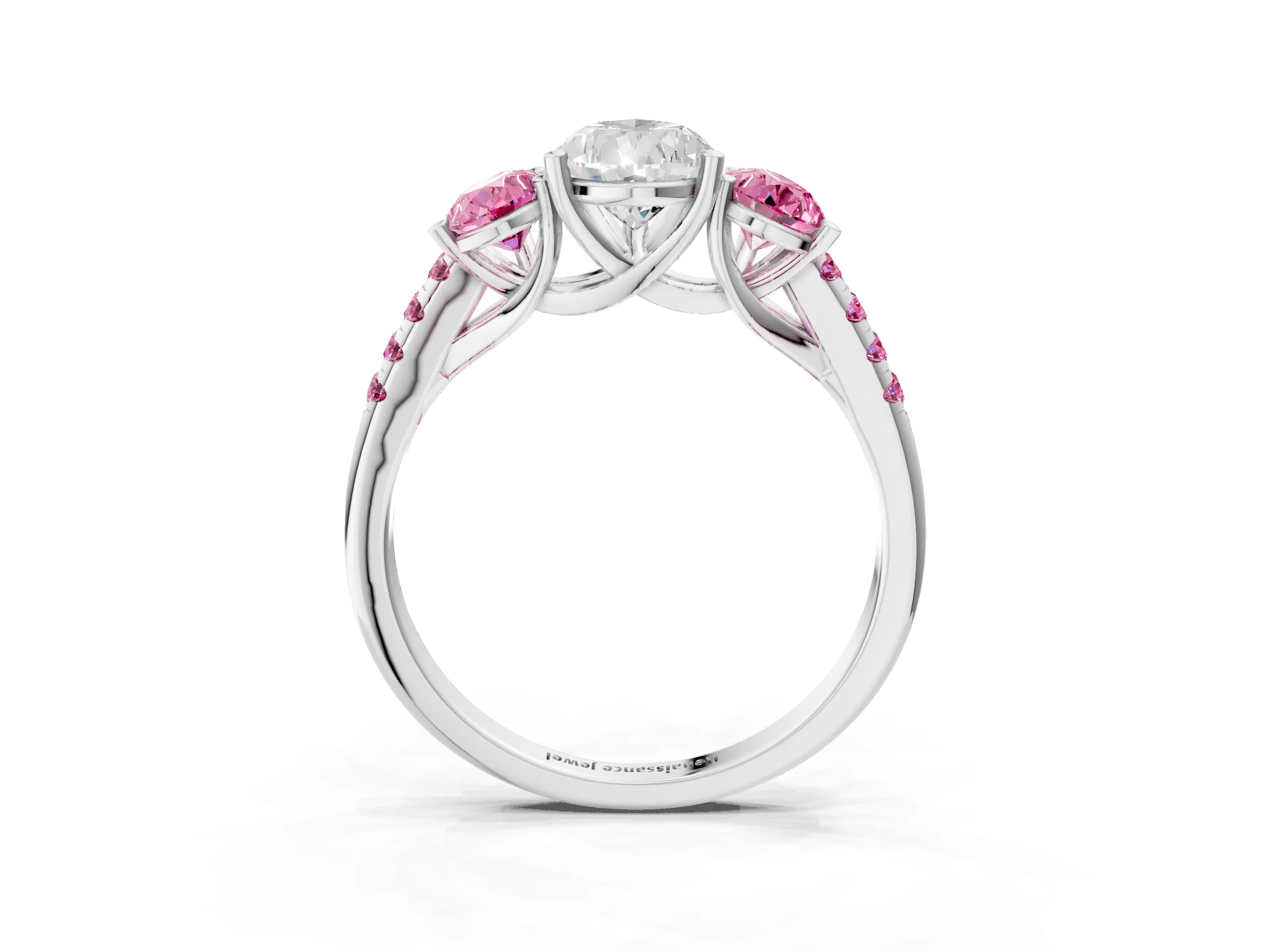 White gold Three-Stone Pear Cut Diamond Ring with Round with Pink Sapphire side stone Pavé Band and Prong Setting_3