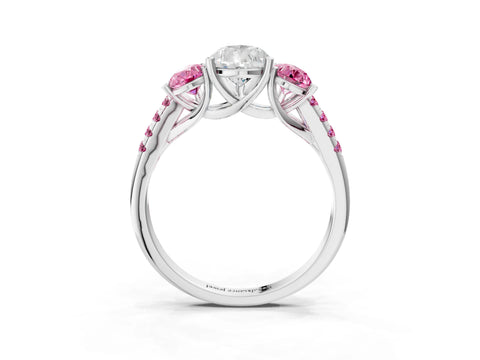White gold Three-Stone Pear Cut Diamond Ring with Round with Pink Sapphire side stone Pavé Band and Prong Setting_3
