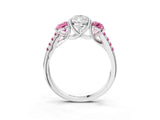White gold Three-Stone Pear Cut Diamond Ring with Round with Pink Sapphire side stone Pavé Band and Prong Setting_3