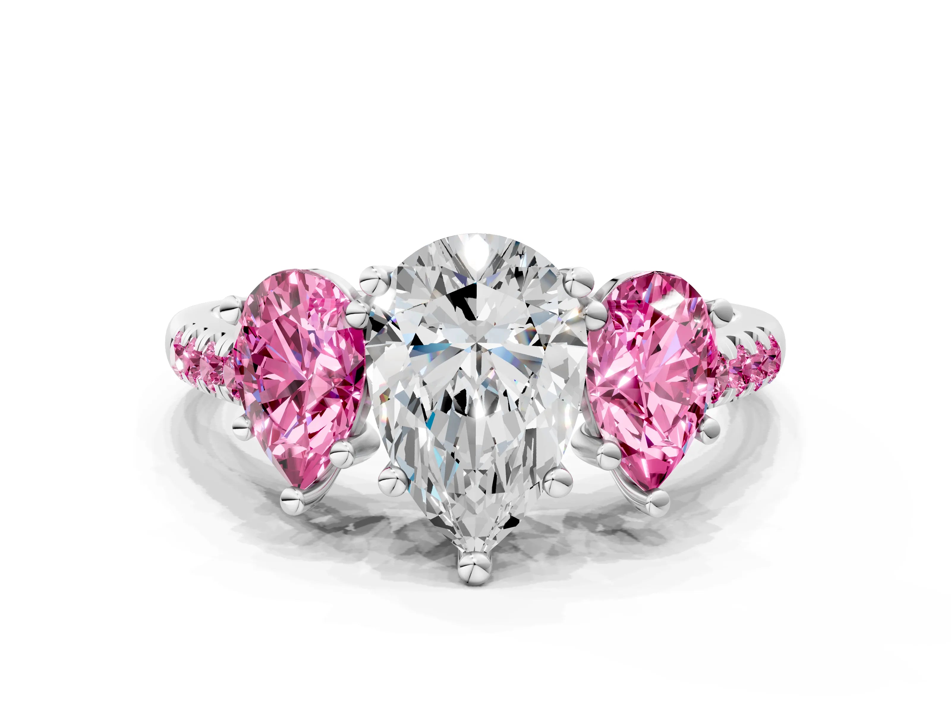 White gold Three-Stone Pear Cut Diamond Ring with Round with Pink Sapphire side stone Pavé Band and Prong Setting