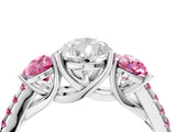 White gold Three-Stone Pear Cut Diamond Ring with Round with Pink Sapphire side stone Pavé Band and Prong Setting_4