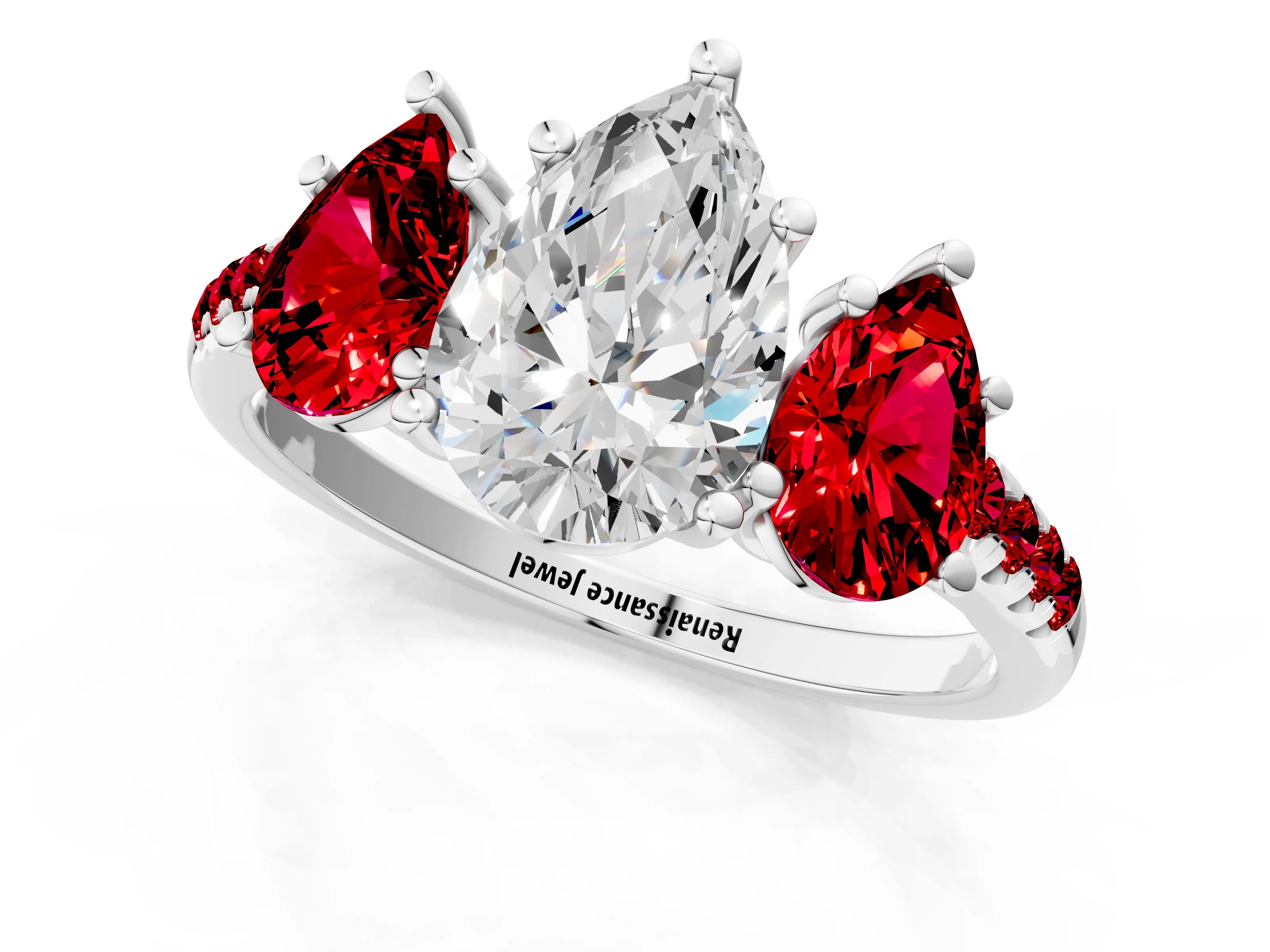 White gold Three-Stone Pear Cut Diamond Ring with Round with Ruby side stone Pavé Band and Prong Setting_1