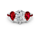 White gold Three-Stone Pear Cut Diamond Ring with Round with Ruby side stone Pavé Band and Prong Setting_12