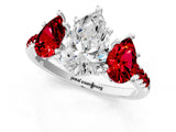 White gold Three-Stone Pear Cut Diamond Ring with Round with Ruby side stone Pavé Band and Prong Setting_13