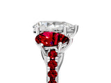 White gold Three-Stone Pear Cut Diamond Ring with Round with Ruby side stone Pavé Band and Prong Setting_17
