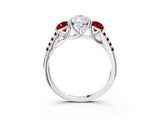 White gold Three-Stone Pear Cut Diamond Ring with Round with Ruby side stone Pavé Band and Prong Setting_3