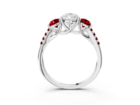 White gold Three-Stone Pear Cut Diamond Ring with Round with Ruby side stone Pavé Band and Prong Setting_3