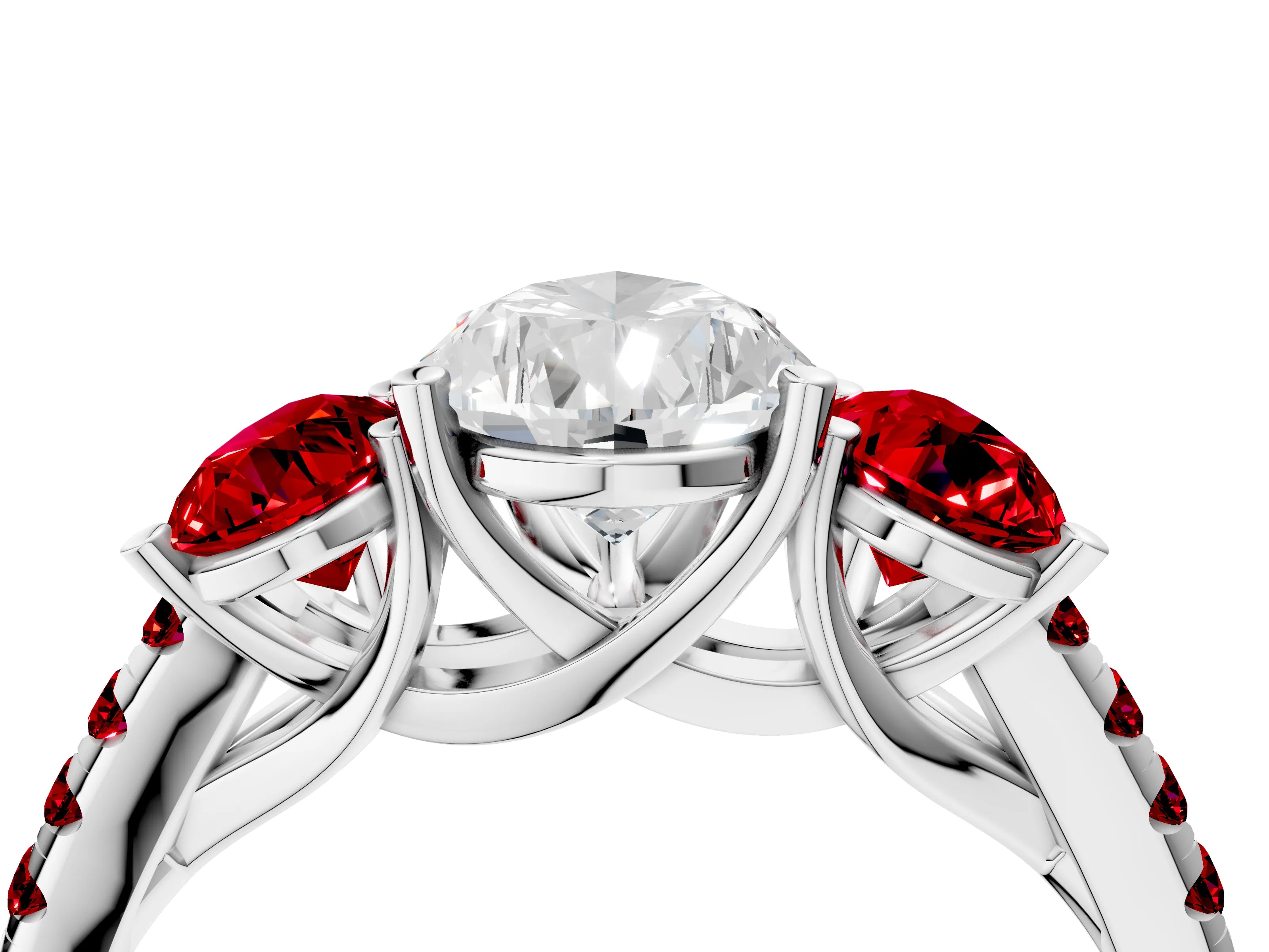 White gold Three-Stone Pear Cut Diamond Ring with Round with Ruby side stone Pavé Band and Prong Setting_4