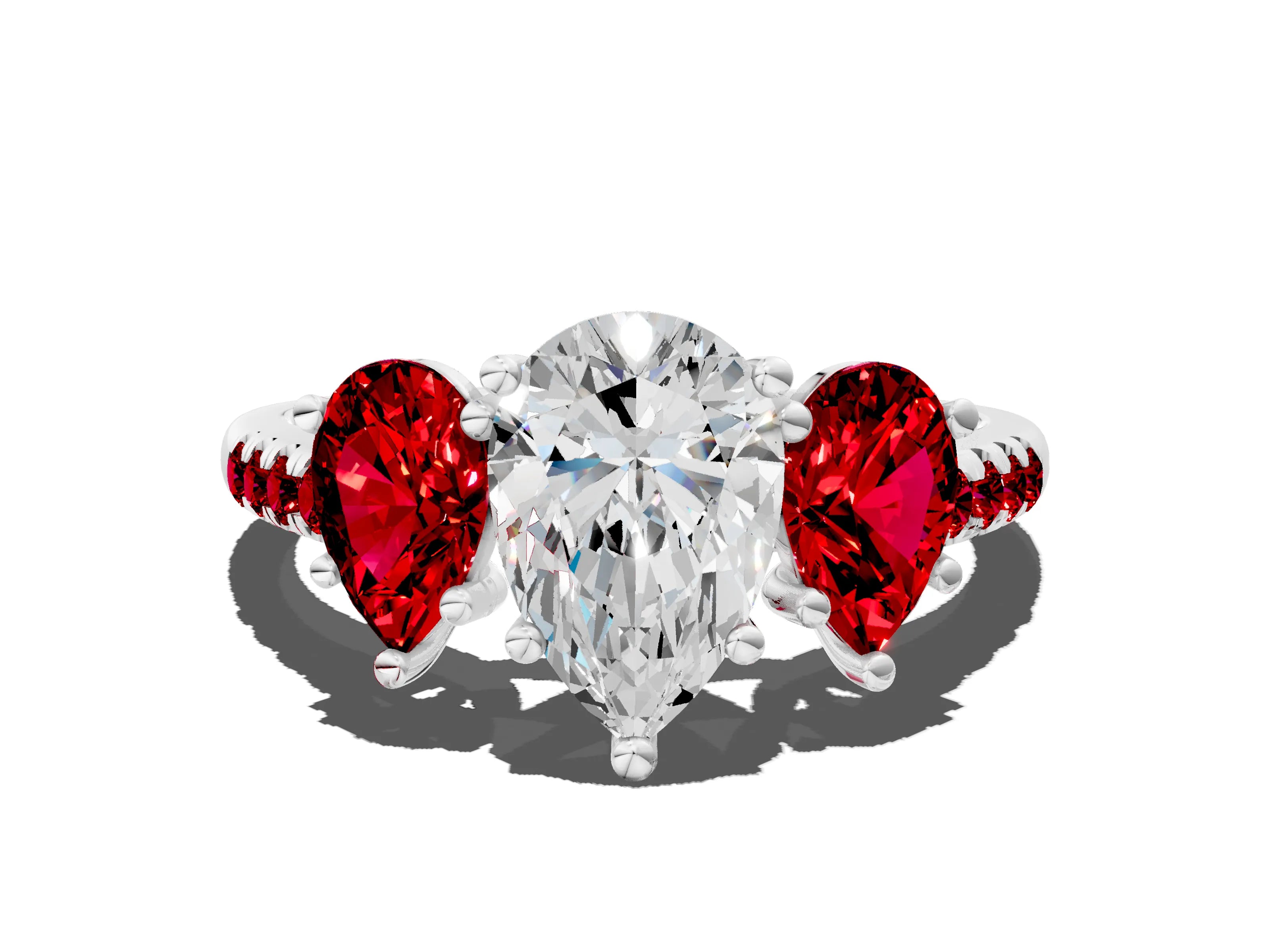 White gold Three-Stone Pear Cut Diamond Ring with Round with Ruby side stone Pavé Band and Prong Setting