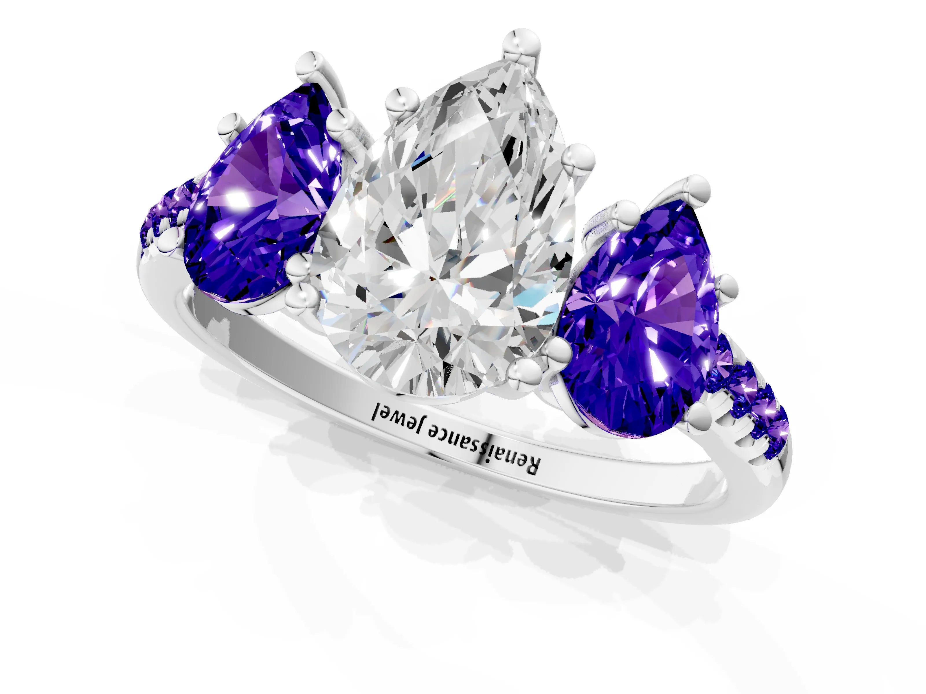 White gold Three-Stone Pear Cut Diamond Ring with Round with Tanzanite side stone Pavé Band and Prong Setting_1