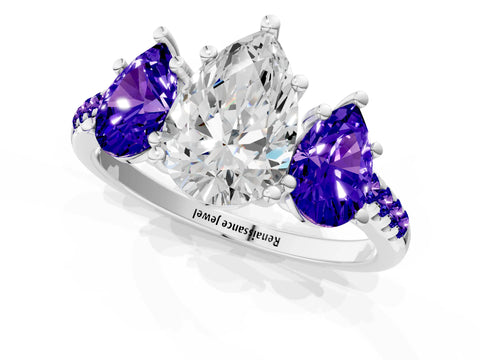 White gold Three-Stone Pear Cut Diamond Ring with Round with Tanzanite side stone Pavé Band and Prong Setting_1