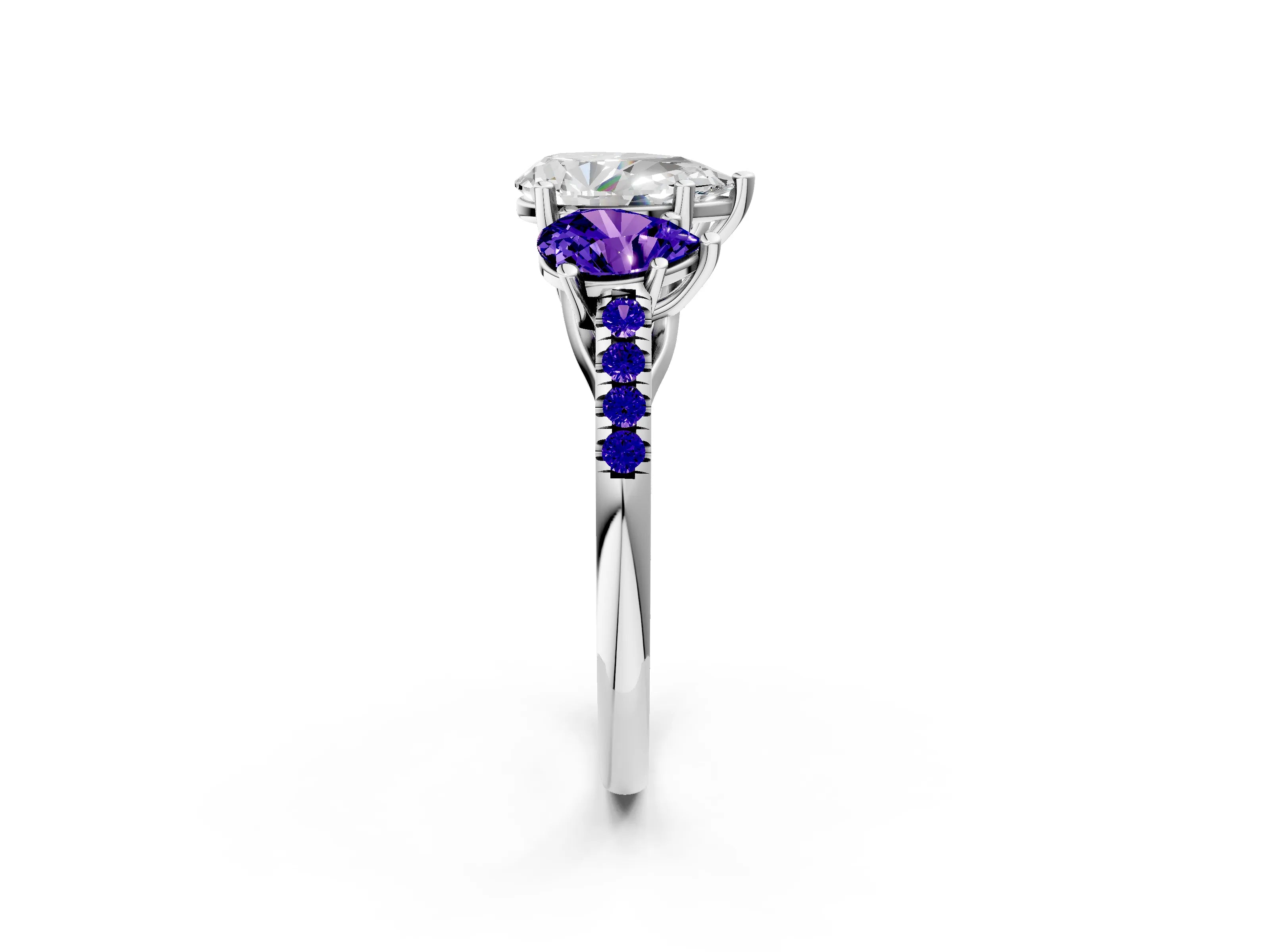 White gold Three-Stone Pear Cut Diamond Ring with Round with Tanzanite side stone Pavé Band and Prong Setting_2