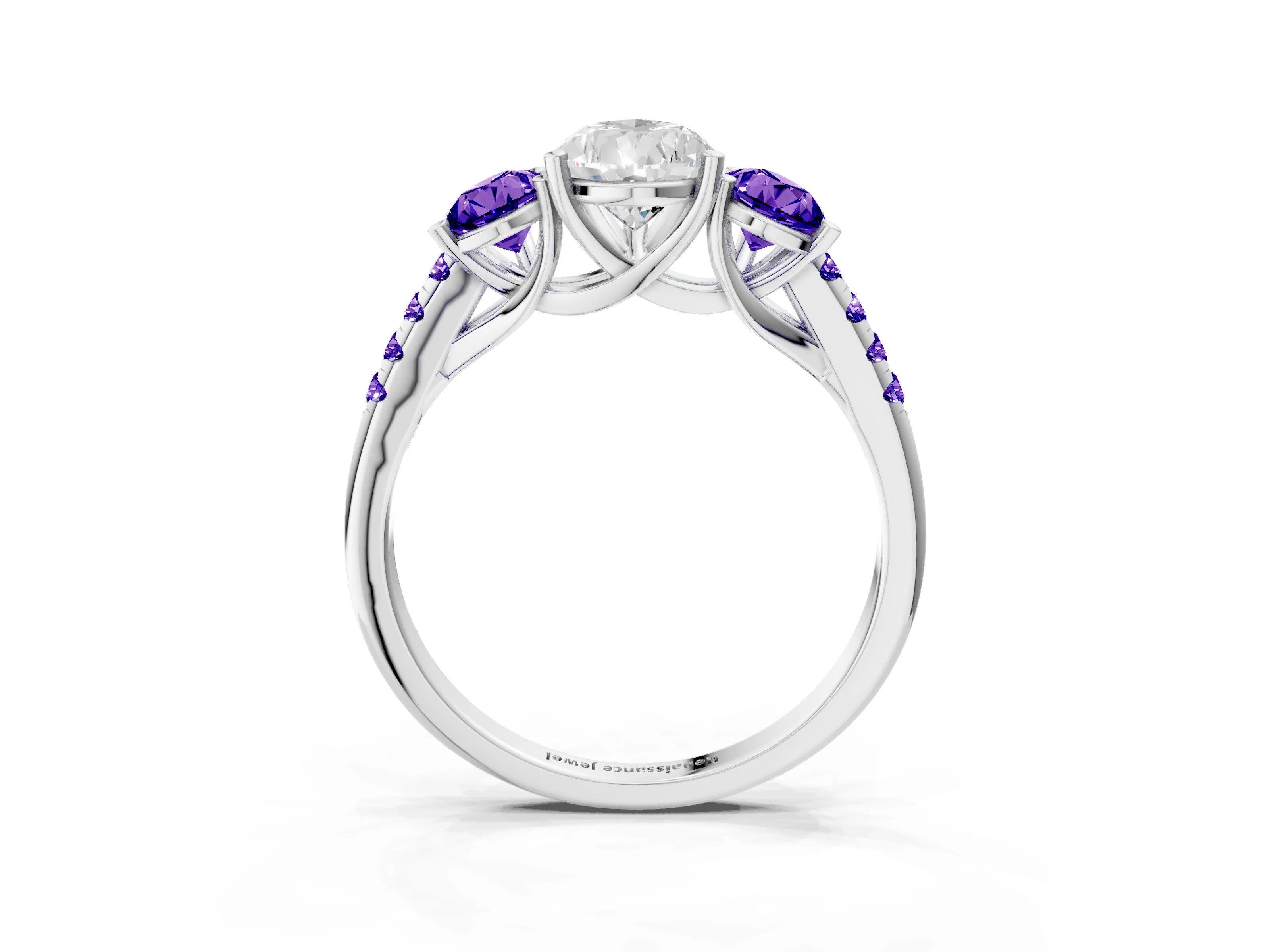 White gold Three-Stone Pear Cut Diamond Ring with Round with Tanzanite side stone Pavé Band and Prong Setting_3