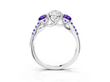 White gold Three-Stone Pear Cut Diamond Ring with Round with Tanzanite side stone Pavé Band and Prong Setting_3
