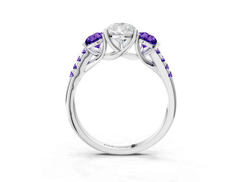 White gold Three-Stone Pear Cut Diamond Ring with Round with Tanzanite side stone Pavé Band and Prong Setting_3