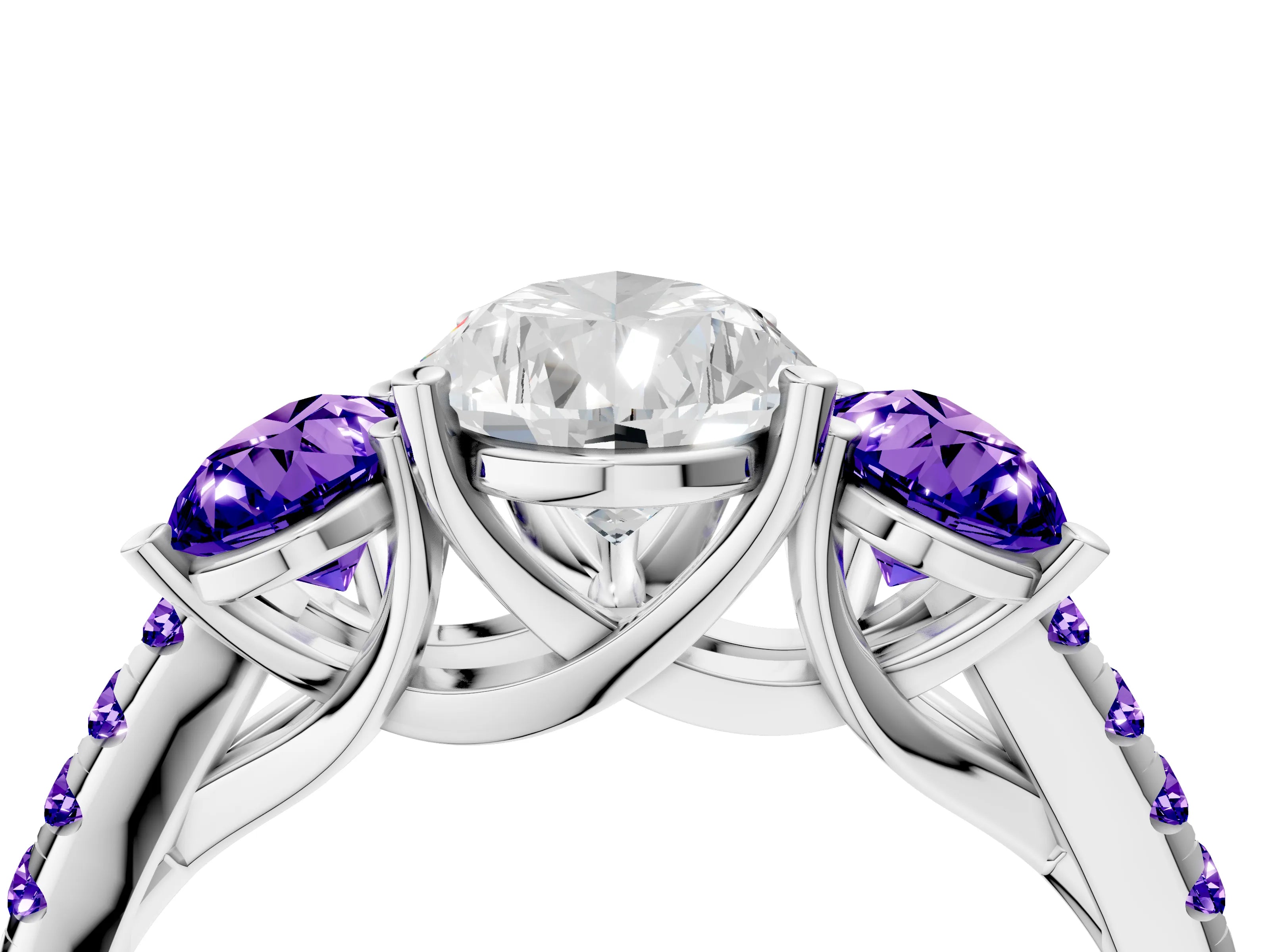 White gold Three-Stone Pear Cut Diamond Ring with Round with Tanzanite side stone Pavé Band and Prong Setting_4