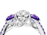 White gold Three-Stone Pear Cut Diamond Ring with Round with Tanzanite side stone Pavé Band and Prong Setting_4