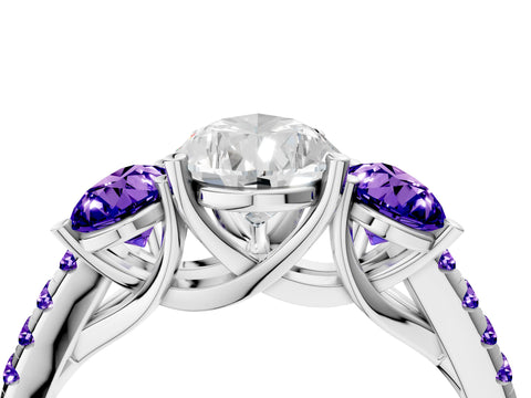 White gold Three-Stone Pear Cut Diamond Ring with Round with Tanzanite side stone Pavé Band and Prong Setting_4