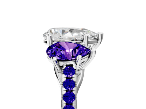 White gold Three-Stone Pear Cut Diamond Ring with Round with Tanzanite side stone Pavé Band and Prong Setting_5