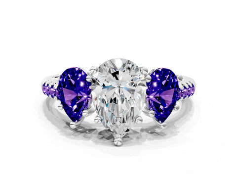 White gold Three-Stone Pear Cut Diamond Ring with Round with Tanzanite side stone Pavé Band and Prong Setting