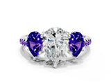 White gold Three-Stone Pear Cut Diamond Ring with Round with Tanzanite side stone Pavé Band and Prong Setting