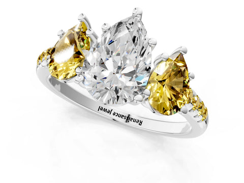 White gold Three-Stone Pear Cut Diamond Ring with Round with Yellow Sapphire side stone Pavé Band and Prong Setting_1