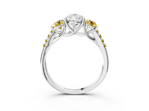 White gold Three-Stone Pear Cut Diamond Ring with Round with Yellow Sapphire side stone Pavé Band and Prong Setting_3