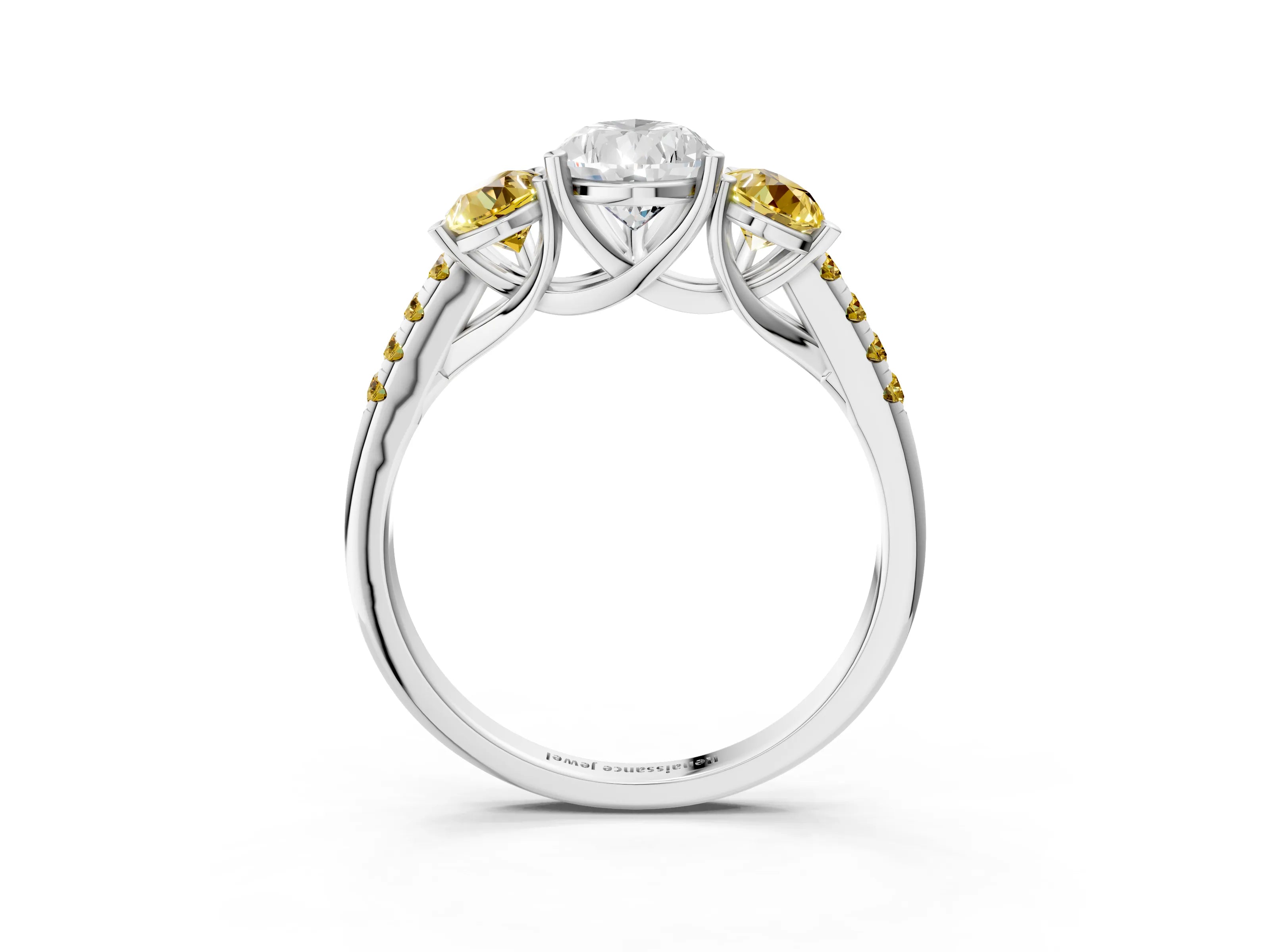 White gold Three-Stone Pear Cut Diamond Ring with Round with Yellow Sapphire side stone Pavé Band and Prong Setting_3