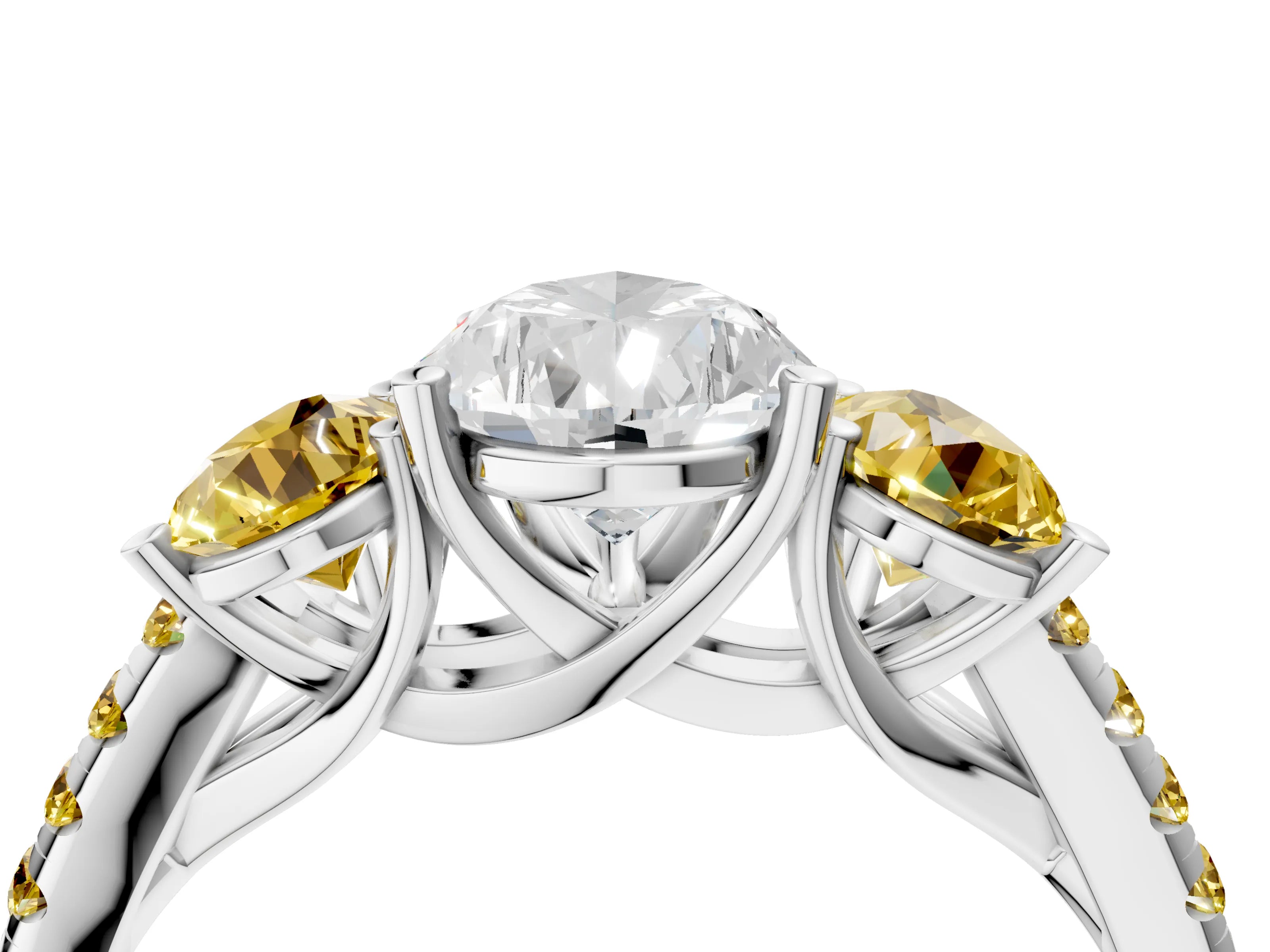 White gold Three-Stone Pear Cut Diamond Ring with Round with Yellow Sapphire side stone Pavé Band and Prong Setting_4