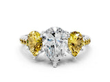 White gold Three-Stone Pear Cut Diamond Ring with Round with Yellow Sapphire side stone Pavé Band and Prong Setting