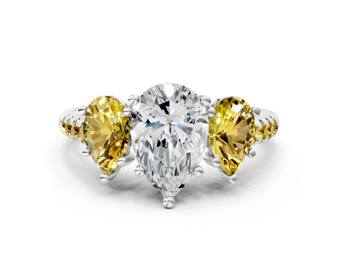 White gold Three-Stone Pear Cut Diamond Ring with Round with Yellow Sapphire side stone Pavé Band and Prong Setting