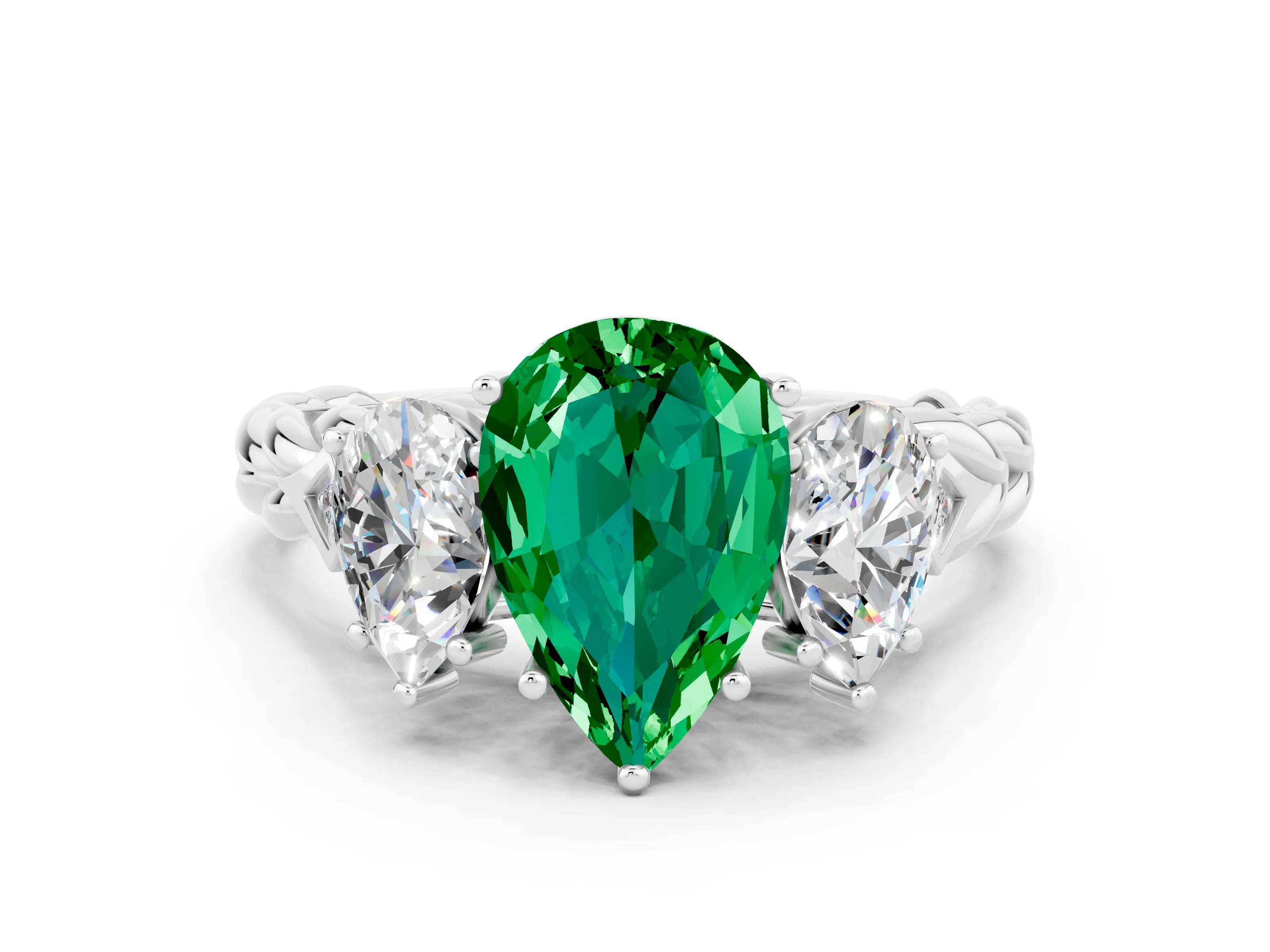 White gold Three-Stone Pear Cut Emerald Braided Band Ring with Four-Prong Setting_12