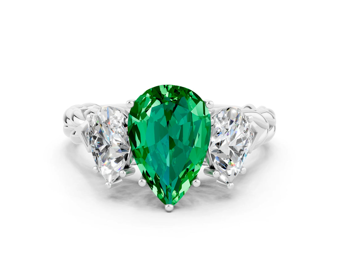White gold Three-Stone Pear Cut Emerald Braided Band Ring with Four-Prong Setting_12