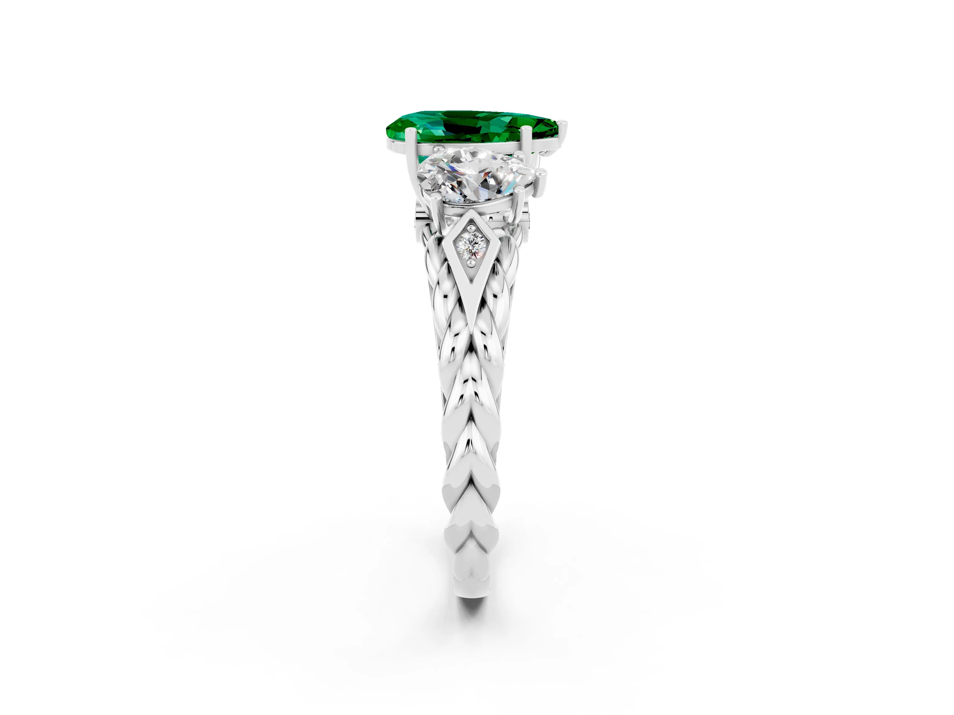 White gold Three-Stone Pear Cut Emerald Braided Band Ring with Four-Prong Setting_14