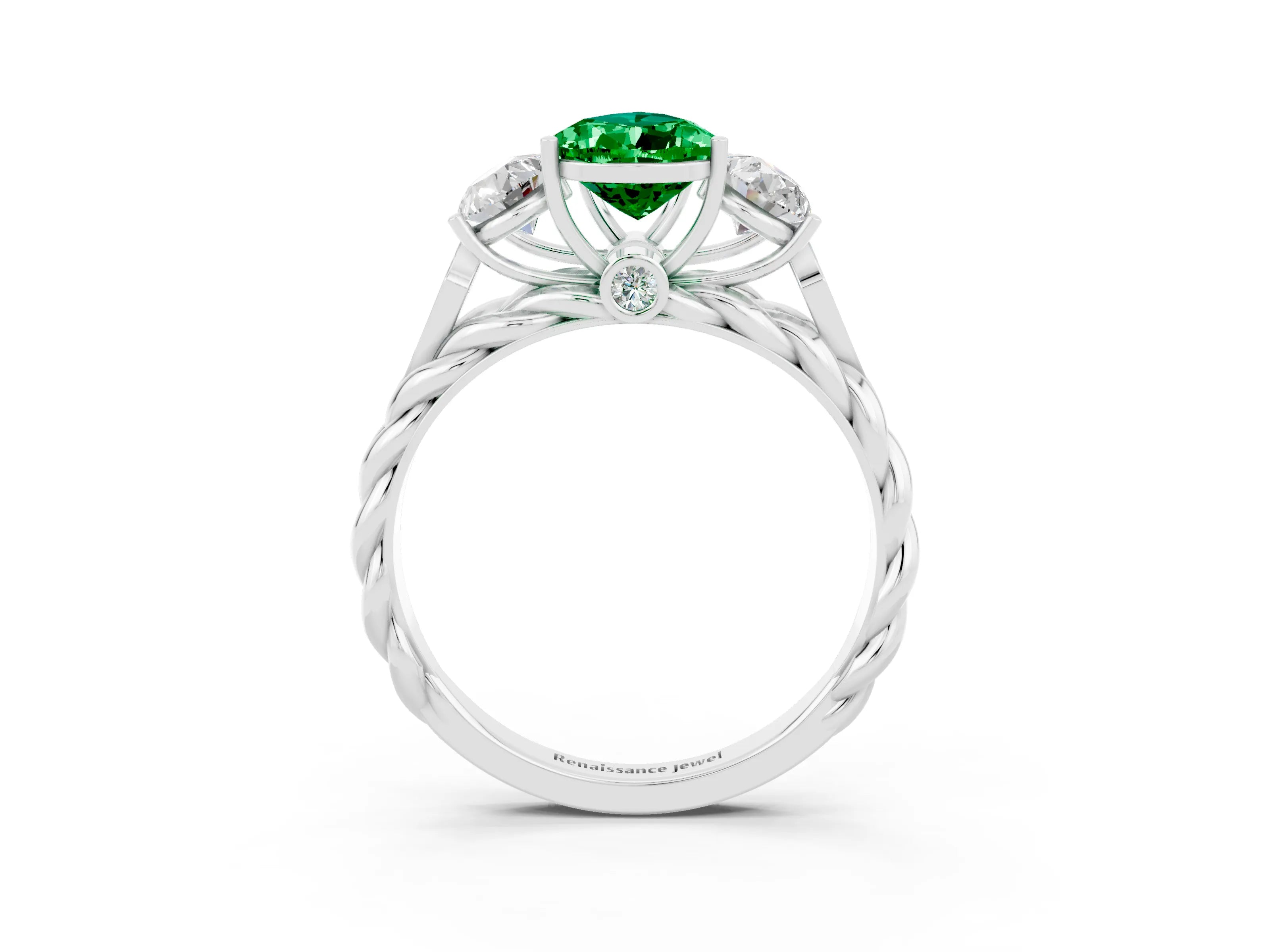 White gold Three-Stone Pear Cut Emerald Braided Band Ring with Four-Prong Setting_15