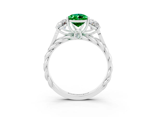 Platinum Three-Stone Pear Cut Emerald Braided Band Ring with Four-Prong Setting