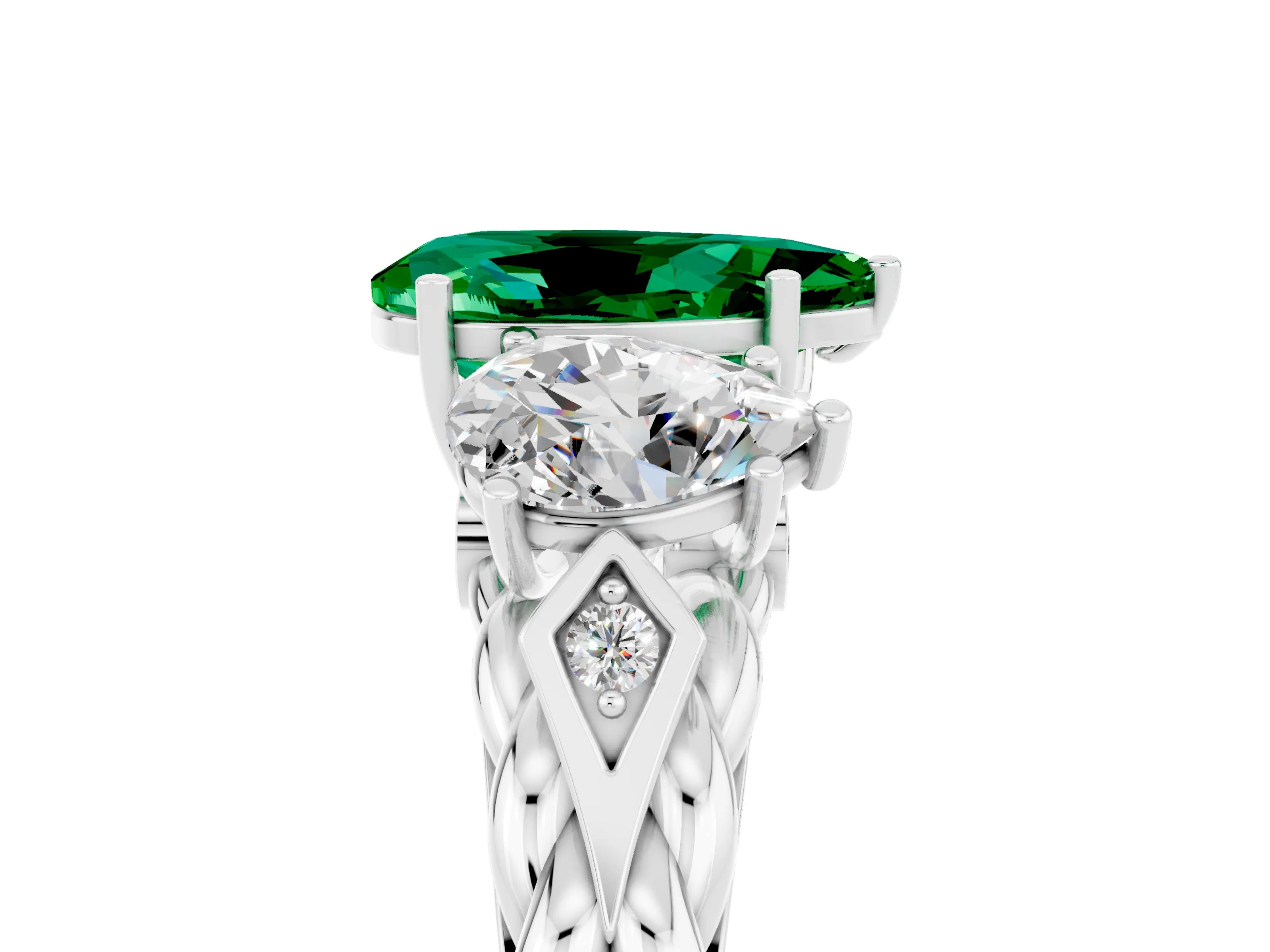 White gold Three-Stone Pear Cut Emerald Braided Band Ring with Four-Prong Setting_17