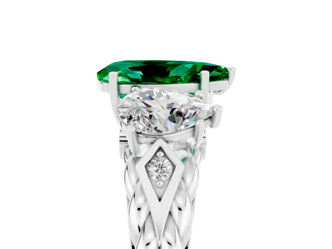 White gold Three-Stone Pear Cut Emerald Braided Band Ring with Four-Prong Setting_17