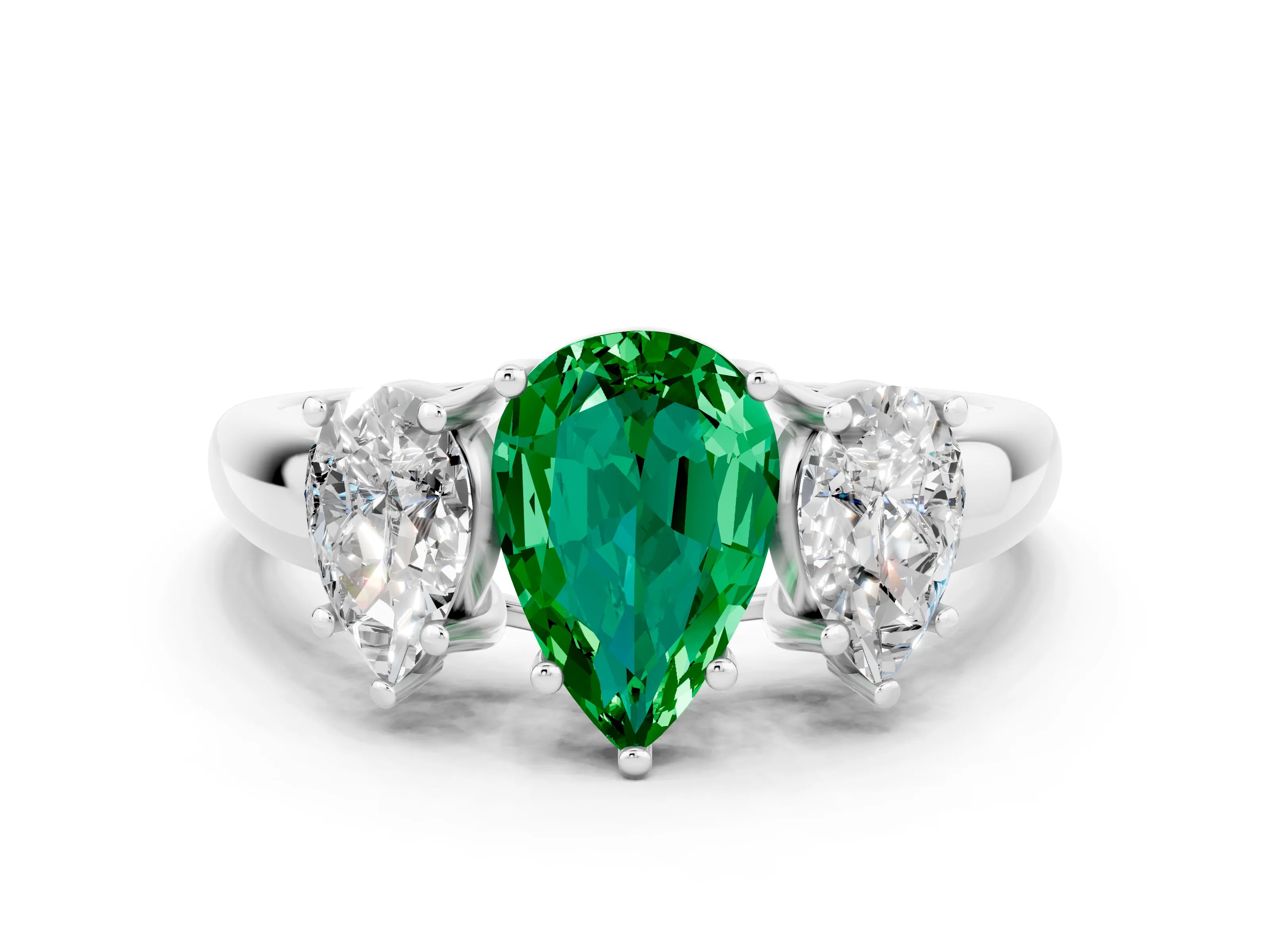 White gold Three-Stone Pear Cut Emerald Engagement Ring with Prong Setting