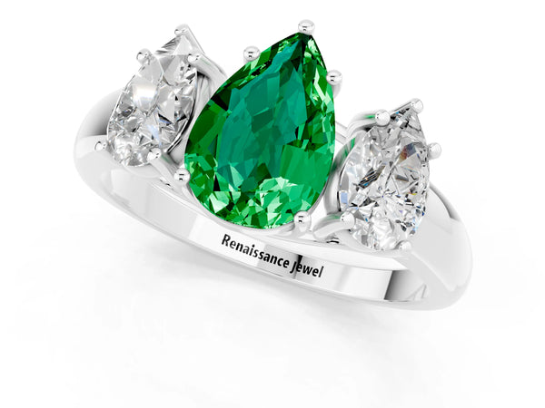 White gold Three-Stone Pear Cut Emerald Engagement Ring with Prong Setting